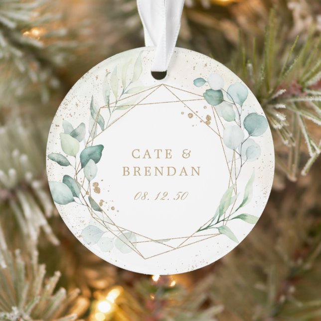 Eucalyptus Greenery Gold Geometric Photo Newlywed Ornament (Tree)