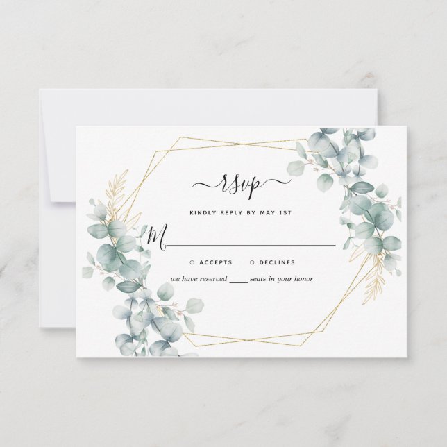 Eucalyptus Greenery Gold Geometric Rustic Wedding RSVP Card (Front)