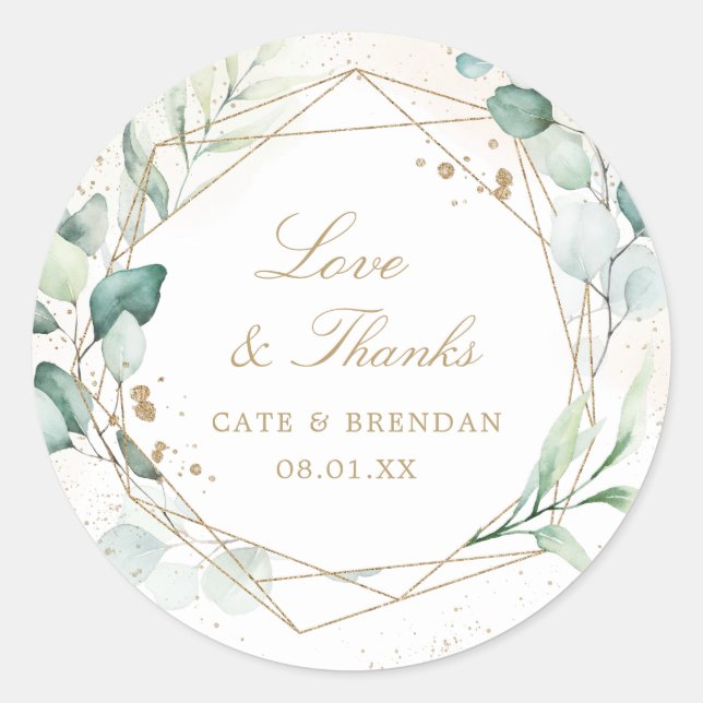 Eucalyptus Greenery Gold Geometric Wedding Favour Classic Round Sticker (Front)