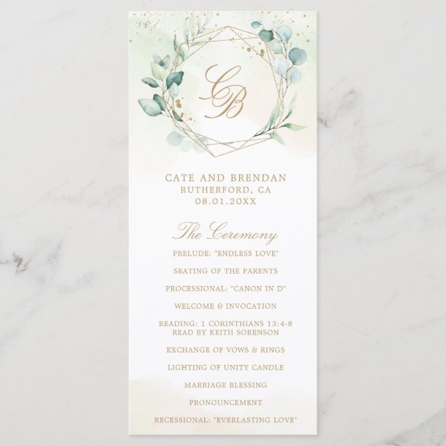 Eucalyptus Greenery Gold Geometric Wedding Programme (Front)