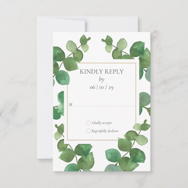Eucalyptus Greenery Gold Geometric Wedding RSVP Card (Front)