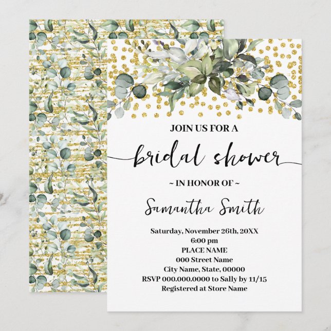 Eucalyptus Greenery Gold Glitter Bridal Shower Invitation (Front/Back)