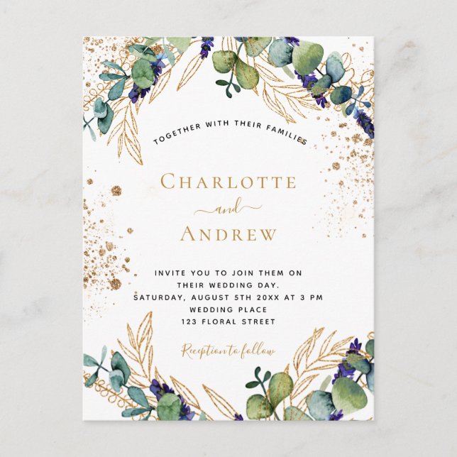 Eucalyptus greenery gold glitter elegant wedding i invitation postcard (Front)