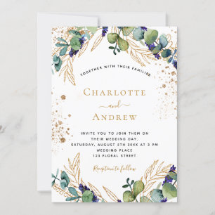 Eucalyptus greenery gold glitter elegant wedding invitation