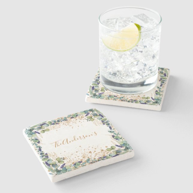 Eucalyptus greenery gold glitter family name stone coaster (Side)