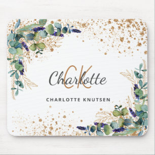 Eucalyptus greenery gold glitter monogram name mouse mat