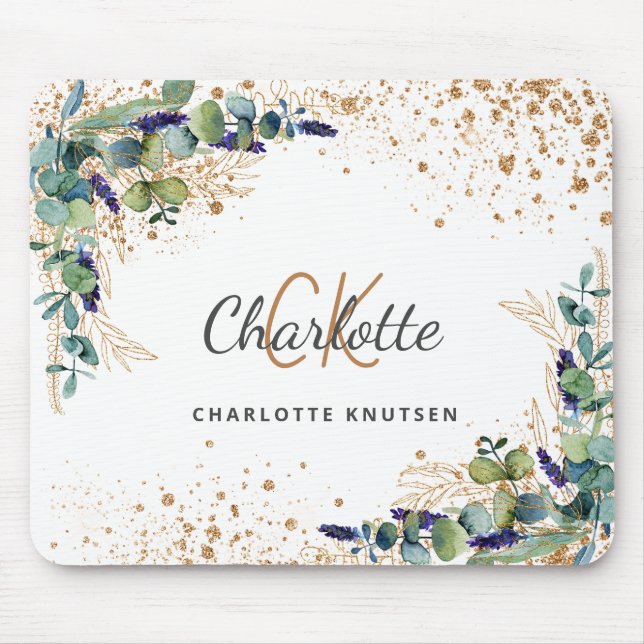 Eucalyptus greenery gold glitter monogram name  mouse mat (Front)