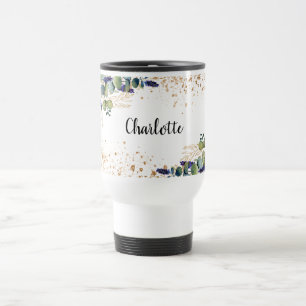 Eucalyptus greenery gold glitter name script travel mug