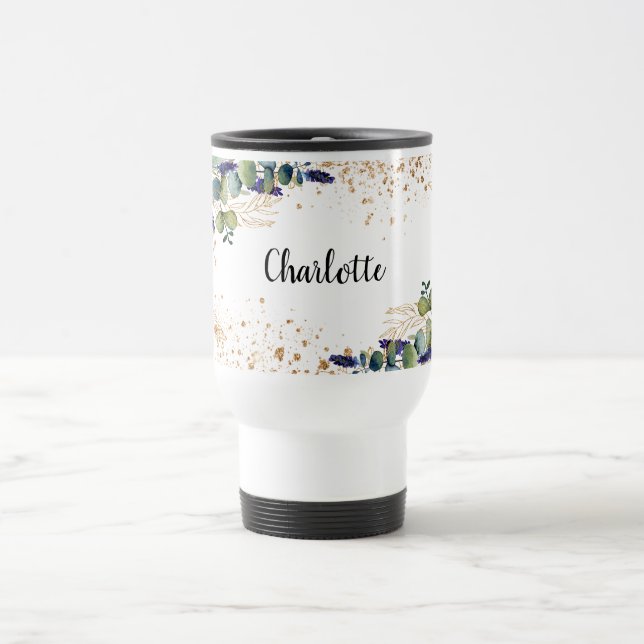 Eucalyptus greenery gold glitter name script travel mug (Center)