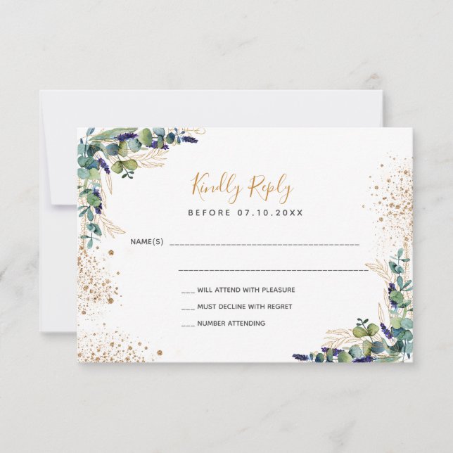 Eucalyptus greenery gold glitter wedding RSVP card (Front)