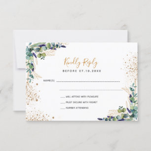Eucalyptus greenery gold glitter wedding RSVP card