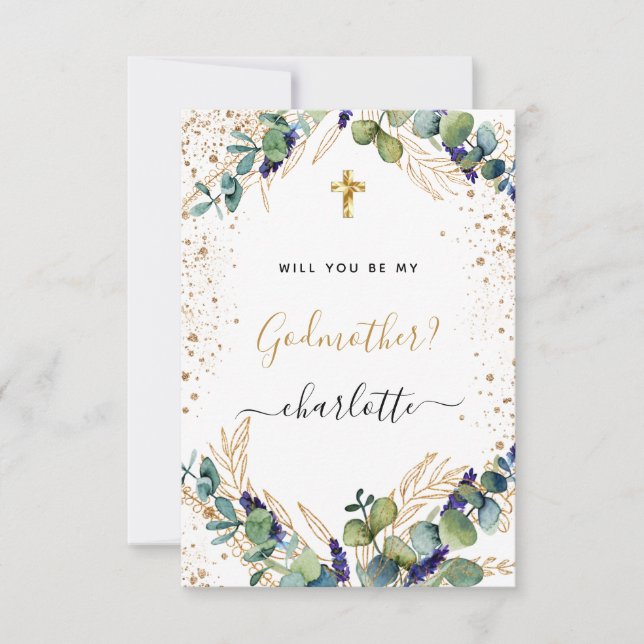 Eucalyptus greenery gold godmother proposal invitation (Front)