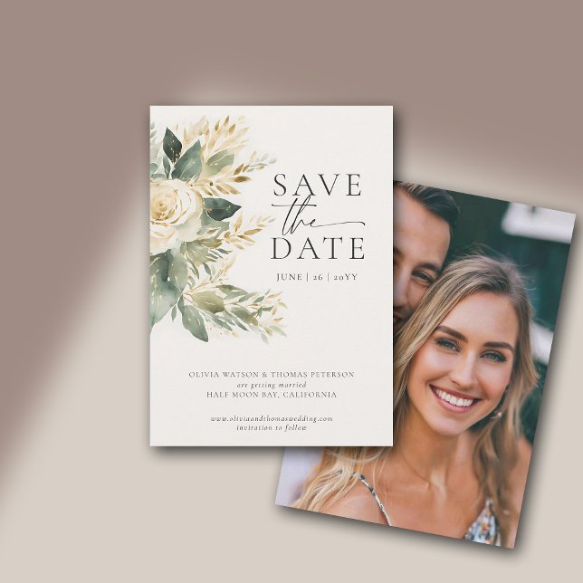 Eucalyptus Greenery Gold Green Elegant Wedding Save The Date (eucalyptus wedding photo save the date white green gold watercolor modern classic elegant chic class)