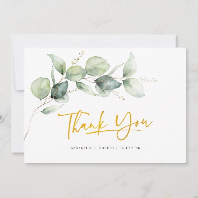 Eucalyptus Greenery Gold Hand-Lettered Wedding Thank You Card (Front)