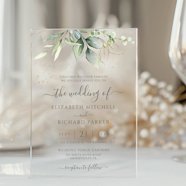 Eucalyptus Greenery Gold Leaves Botanical Wedding Acrylic Invitations (Creator Uploaded)