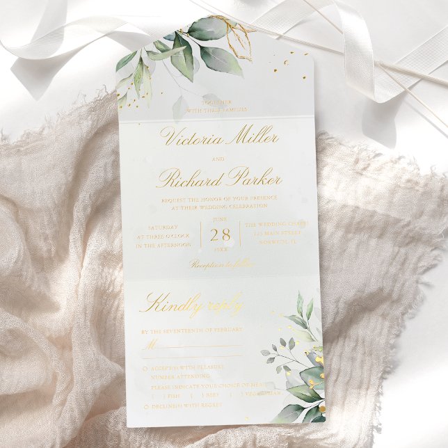 Eucalyptus Greenery Gold Leaves Botanical Wedding All In One Invitation (Creator Uploaded)
