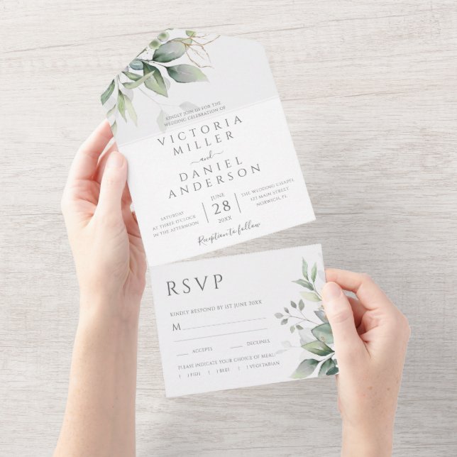 Eucalyptus Greenery Gold Leaves Botanical Wedding All In One Invitation (Tearaway)