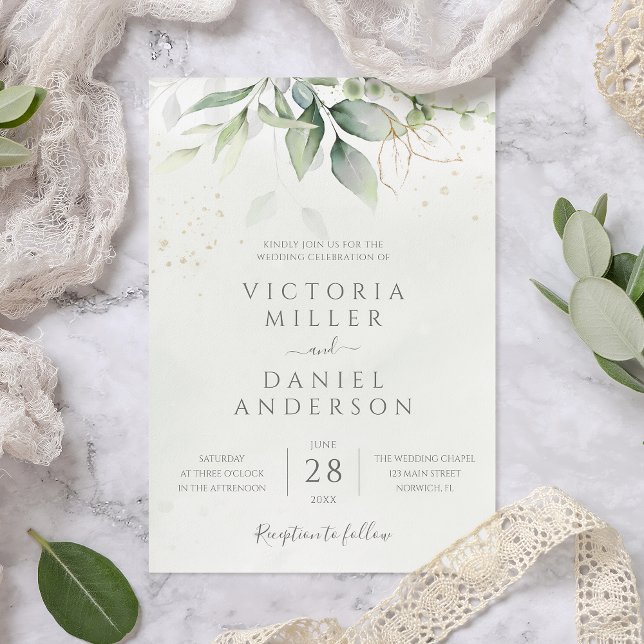 Eucalyptus Greenery Gold Leaves Botanical Wedding Invitation (Creator Uploaded)