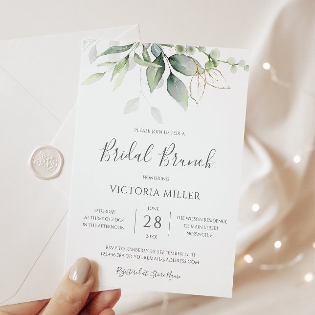 Eucalyptus Greenery Gold Leaves Bridal Brunch Invitation (Creator Uploaded)