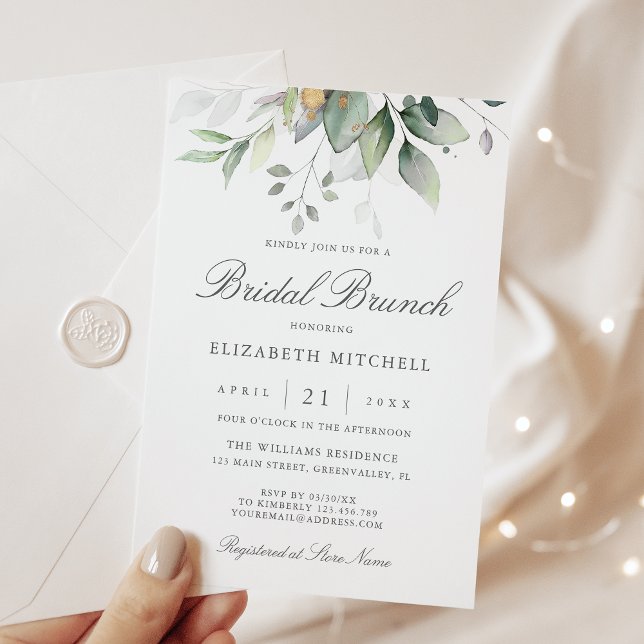 Eucalyptus Greenery Gold Leaves Bridal Brunch Invitation (Creator Uploaded)