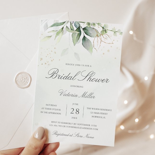 Eucalyptus Greenery Gold Leaves Bridal Shower Invitation (Creator Uploaded)