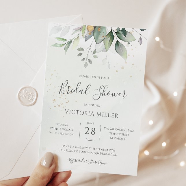 Eucalyptus Greenery Gold Leaves Bridal Shower Invitation (Creator Uploaded)