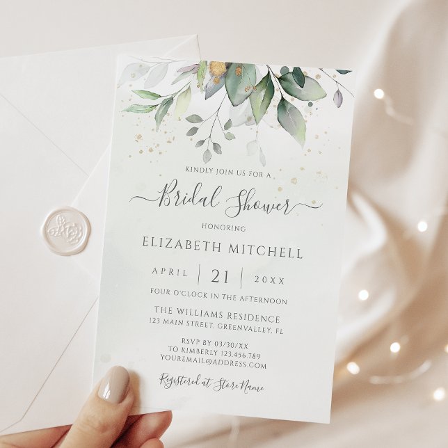 Eucalyptus Greenery Gold Leaves Bridal Shower Invitation (Creator Uploaded)