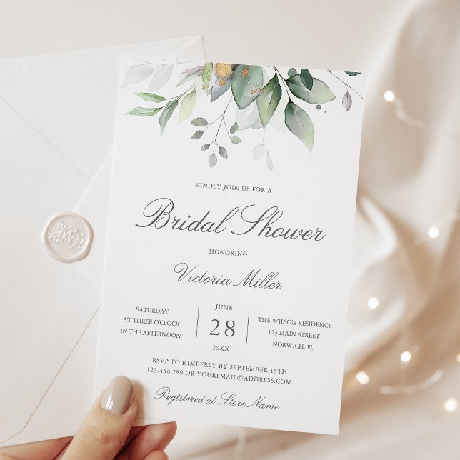 Eucalyptus Greenery Gold Leaves Bridal Shower Invitation (Creator Uploaded)