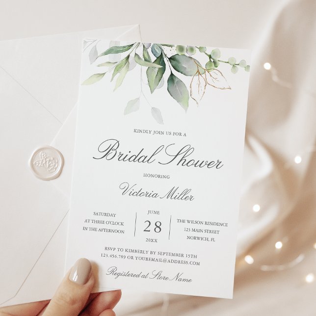 Eucalyptus Greenery Gold Leaves Bridal Shower Invitation (Creator Uploaded)