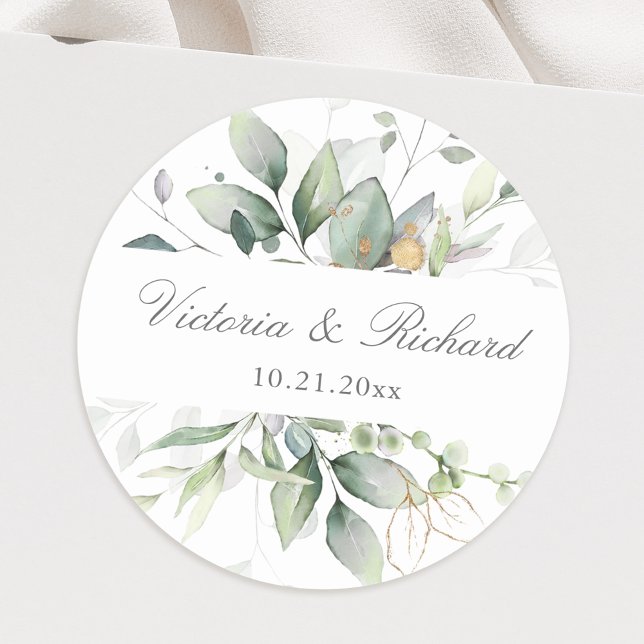 Eucalyptus Greenery Gold Leaves Elegant  Classic Round Sticker (Creator Uploaded)