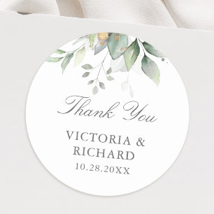 Eucalyptus Greenery Gold Leaves Elegant Thank You Classic Round Sticker