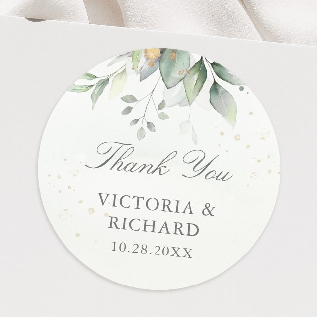 Eucalyptus Greenery Gold Leaves Elegant Thank You Classic Round Sticker (Creator Uploaded)