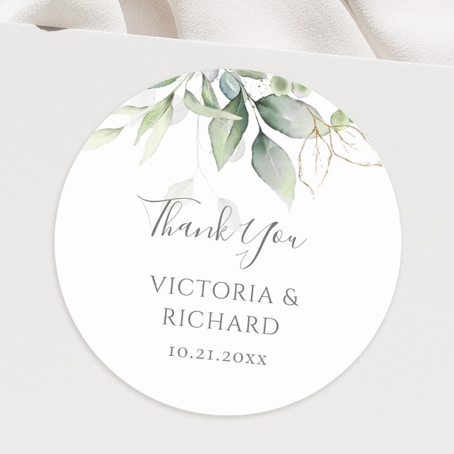 Eucalyptus Greenery Gold Leaves Elegant Wedding Classic Round Sticker (Creator Uploaded)
