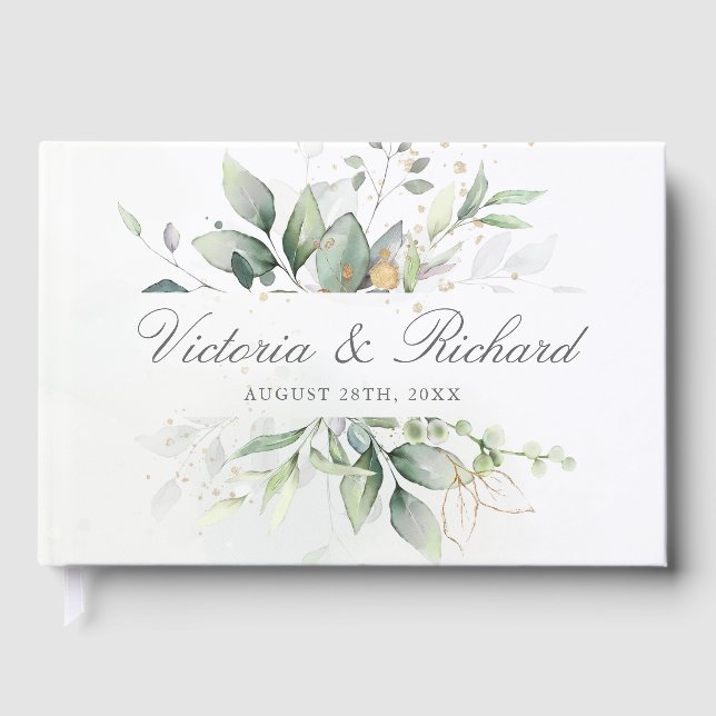 Eucalyptus Greenery Gold Leaves Elegant Wedding Guest Book (Front)