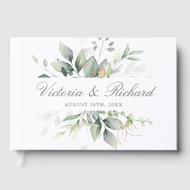 Eucalyptus Greenery Gold Leaves Elegant Wedding  Guest Book (Front)
