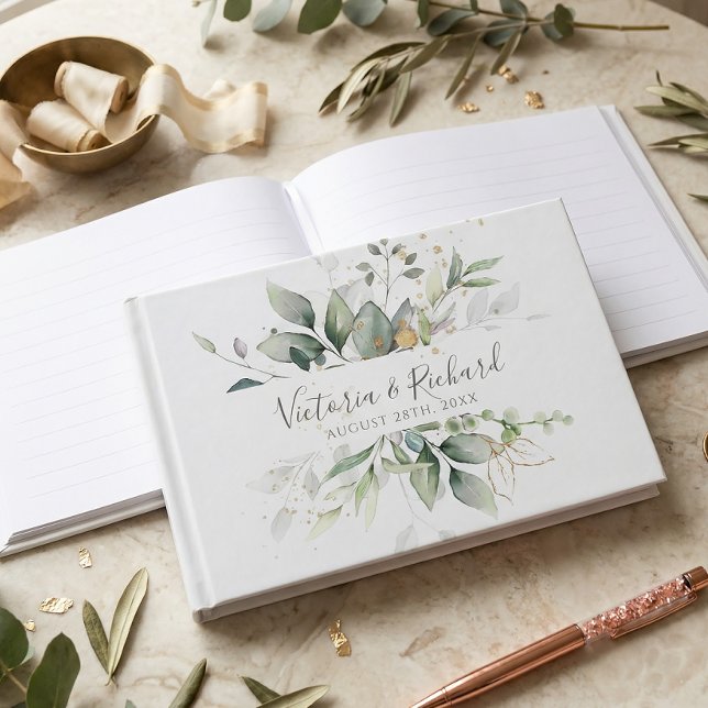 Eucalyptus Greenery Gold Leaves Elegant Wedding Guest Book (Creator Uploaded)