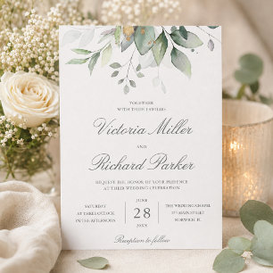 Eucalyptus Greenery Gold Leaves Elegant Wedding Invitation