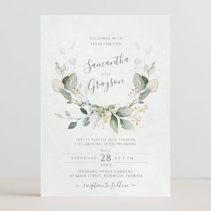 Eucalyptus Greenery Gold Leaves Elegant Wedding Invitation
