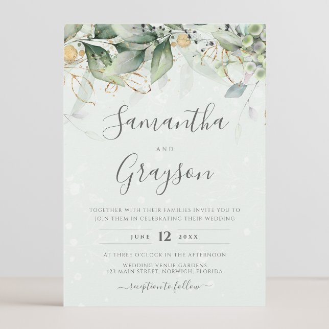 Eucalyptus Greenery Gold Leaves Elegant Wedding Invitation (Creator Uploaded)