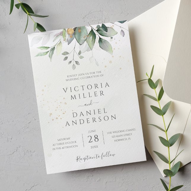 Eucalyptus Greenery Gold Leaves Elegant Wedding Invitation (Creator Uploaded)