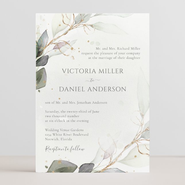 Eucalyptus Greenery Gold Leaves Elegant Wedding Invitation (Creator Uploaded)