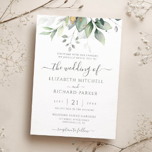 Eucalyptus Greenery Gold Leaves Elegant Wedding Invitation