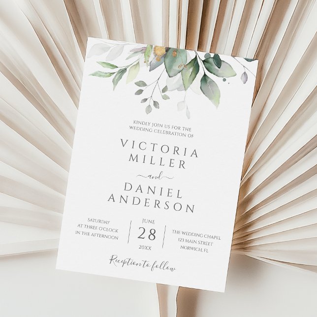 Eucalyptus Greenery Gold Leaves Elegant Wedding Invitation (Creator Uploaded)