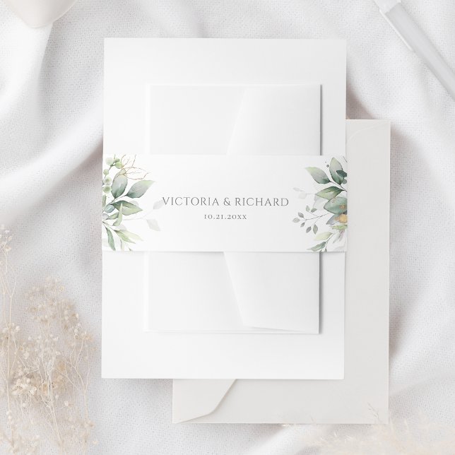 Eucalyptus Greenery Gold Leaves Elegant Wedding Invitation Belly Band (Creator Uploaded)