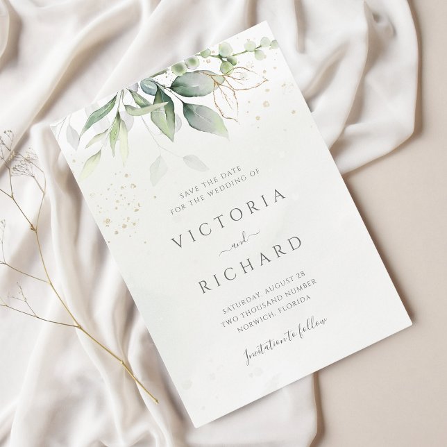 Eucalyptus Greenery Gold Leaves Elegant Wedding Save The Date (Creator Uploaded)