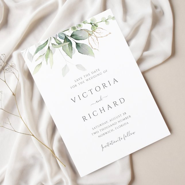 Eucalyptus Greenery Gold Leaves Elegant Wedding Save The Date (Creator Uploaded)