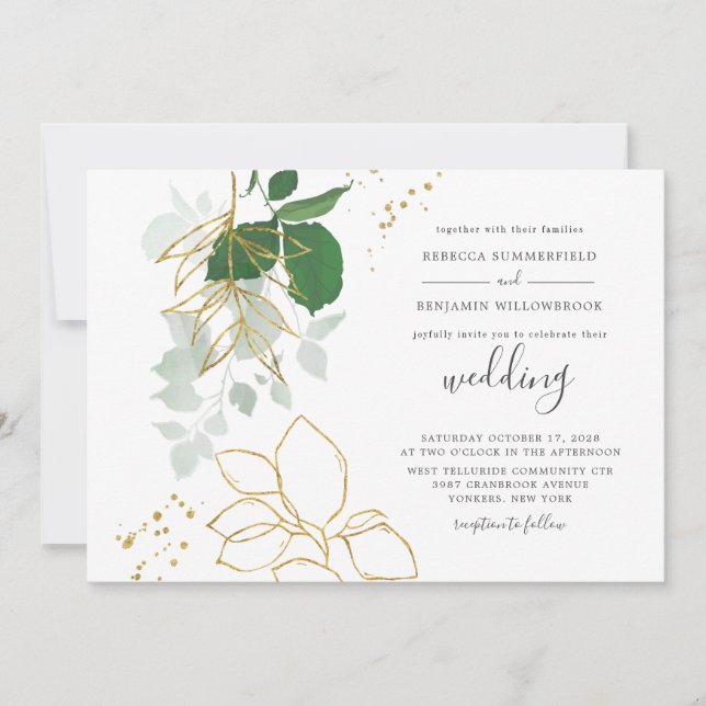 Eucalyptus Greenery Gold Leaves Geometric Wedding Invitation (Front)