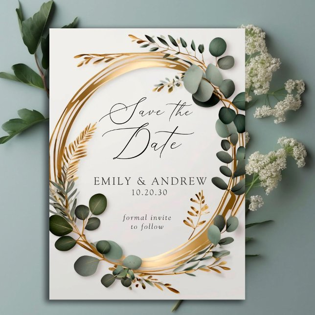 Eucalyptus Greenery Gold Leaves Script Wedding  Save The Date (Creator Uploaded)