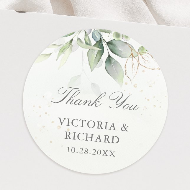 Eucalyptus Greenery Gold Leaves Thank You Classic Round Sticker (Creator Uploaded)