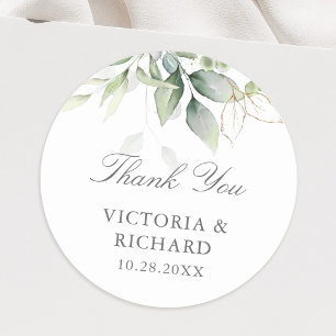 Eucalyptus Greenery Gold Leaves Thank You Classic Round Sticker